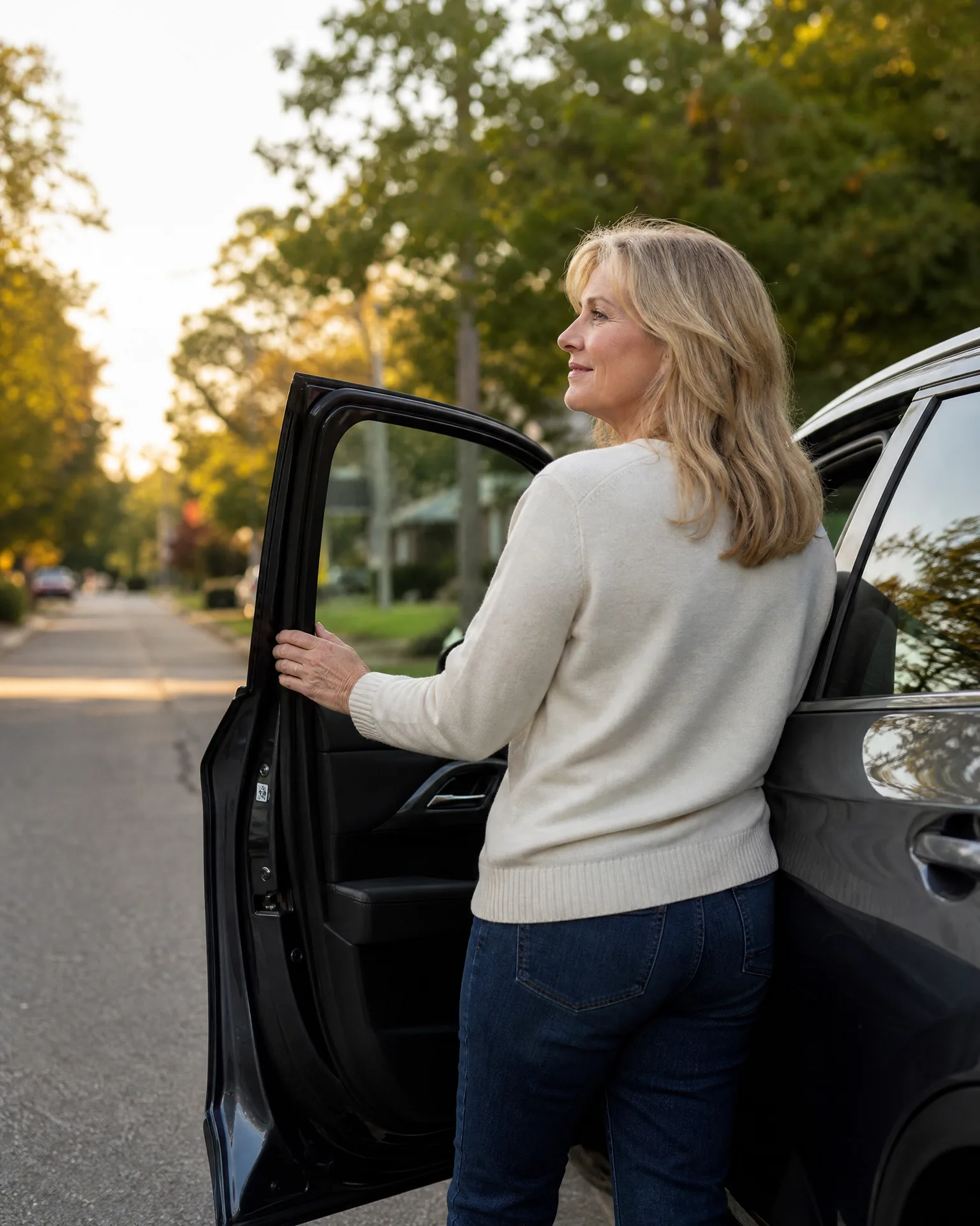 A woman with blonde hair in a cream sweater and jeans stands beside a dark SUV on a residential street, holding the open front door and looking off to the side.